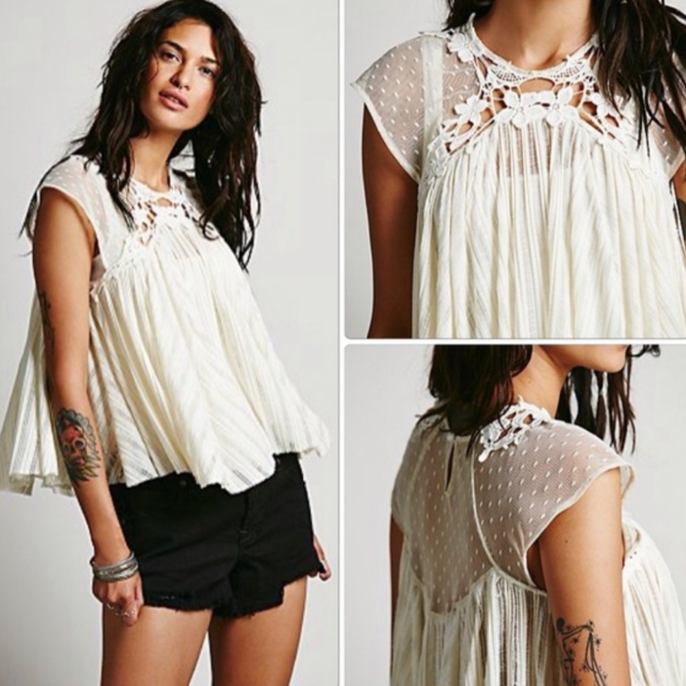 Free People Stars Align Eggshell Ivory Lace Flowy Romantic Shirt